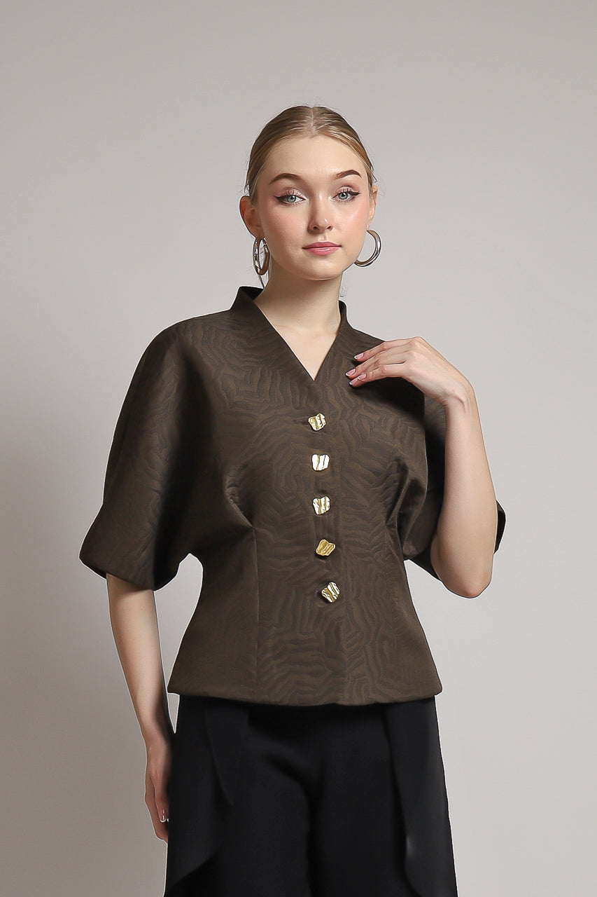 Bloom et Champs Caramel Blouse with Vintage Gold Buttons