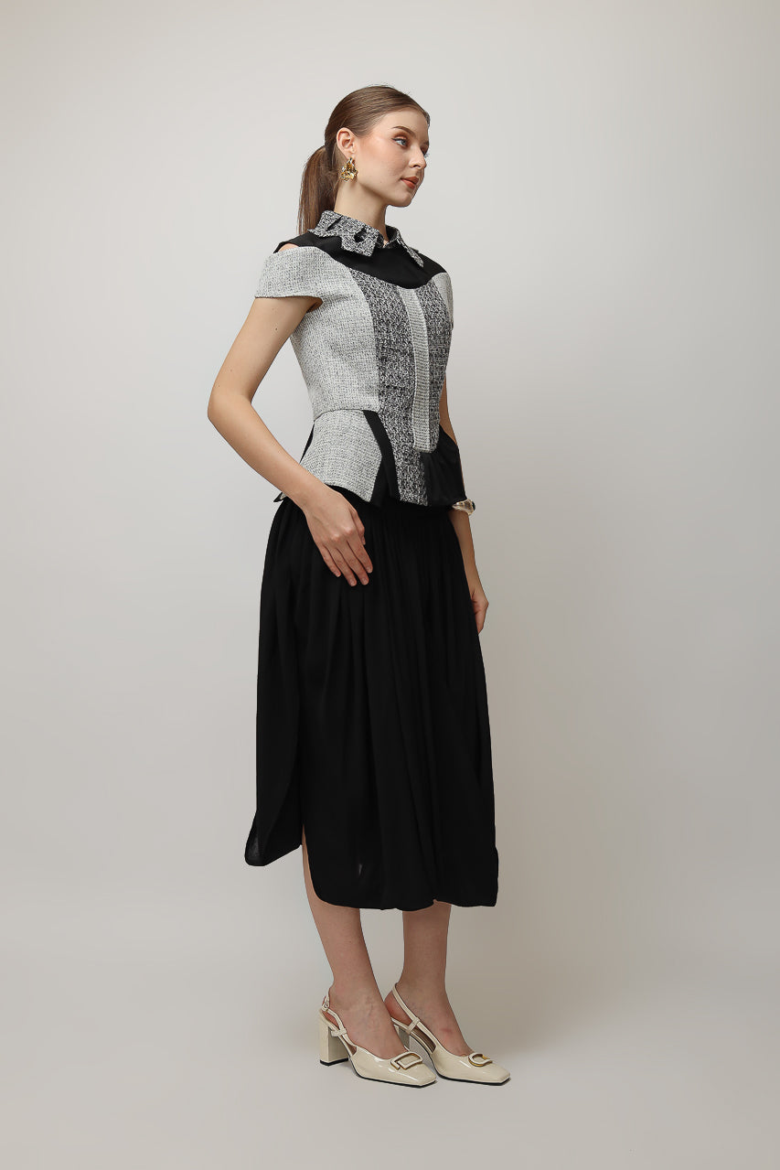 Bloom et Champs Tweed Monochrome Blouse/Chiffon Skirt