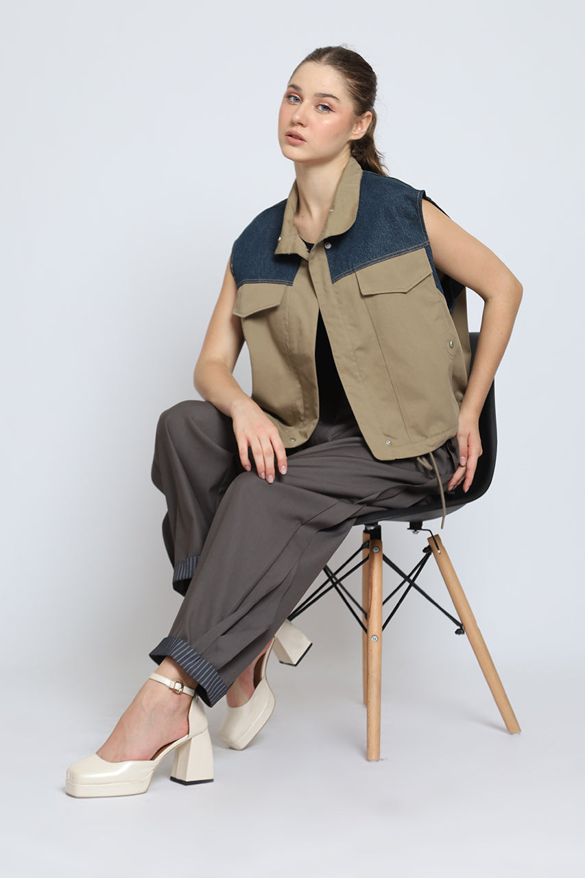 Bloom et Cotton Sleeveless Block Denim Jacket