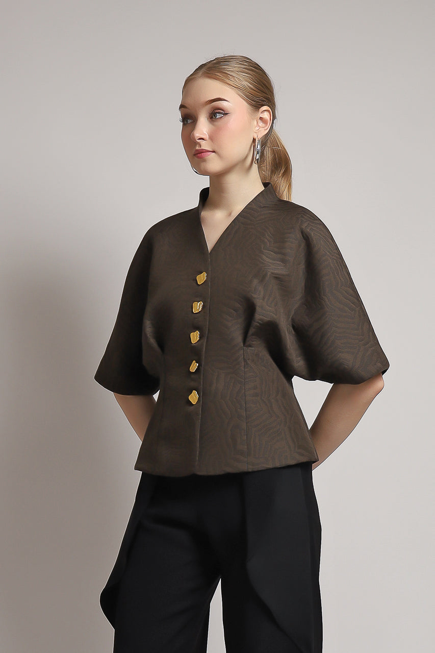 Bloom et Champs Caramel Blouse with Vintage Gold Buttons