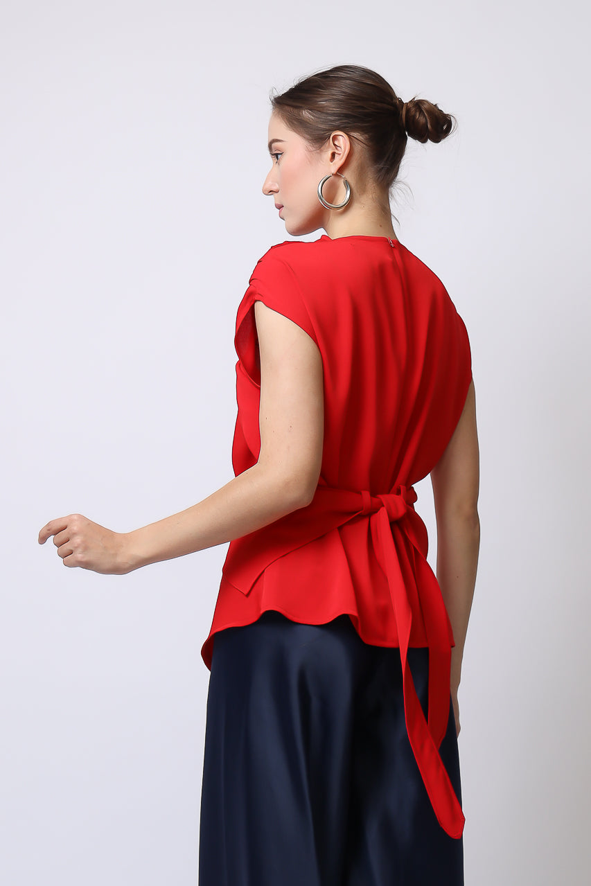 Bloom et Champs Top Knot Merah/Celana Saten Lebar Navy