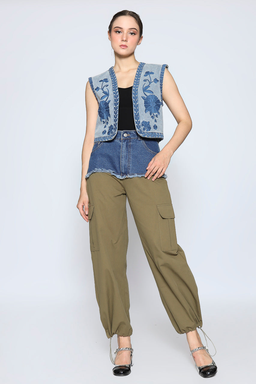 Bloom et Cotton Denim Combo Cargo in Olive/Denim Embroidered Vest