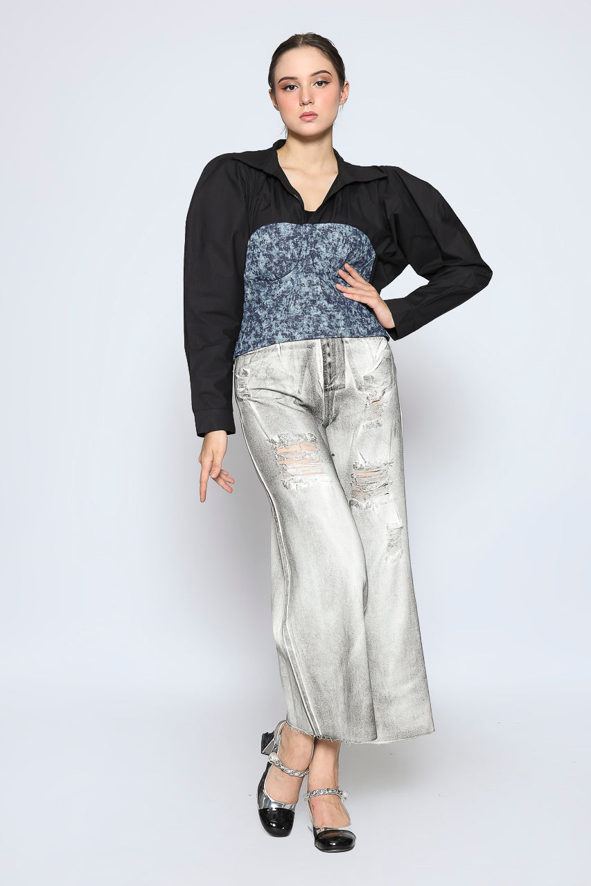 Bloom et Cotton Denim Print Top Black