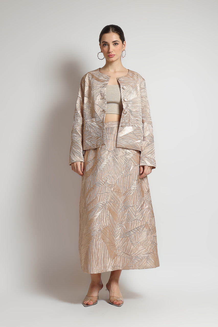 Bloom et Champs Set Pleats Embossed Blazer and Long Skirt