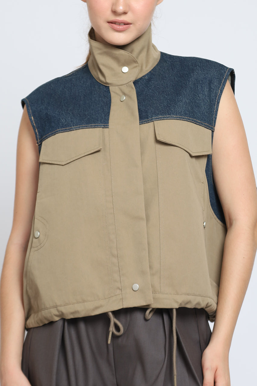 Bloom et Cotton Sleeveless Block Denim Jacket