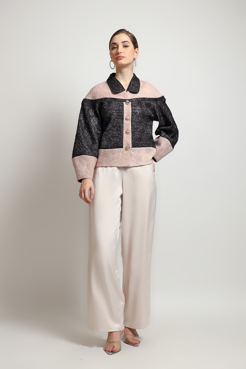 Bloom et Champs Collar Jacquard Blazer/ Elastic Saten Flare Pants