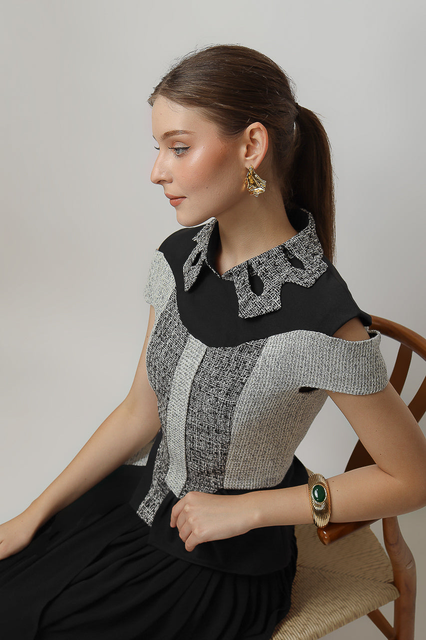 Bloom et Champs Tweed Monochrome Blouse/Chiffon Skirt