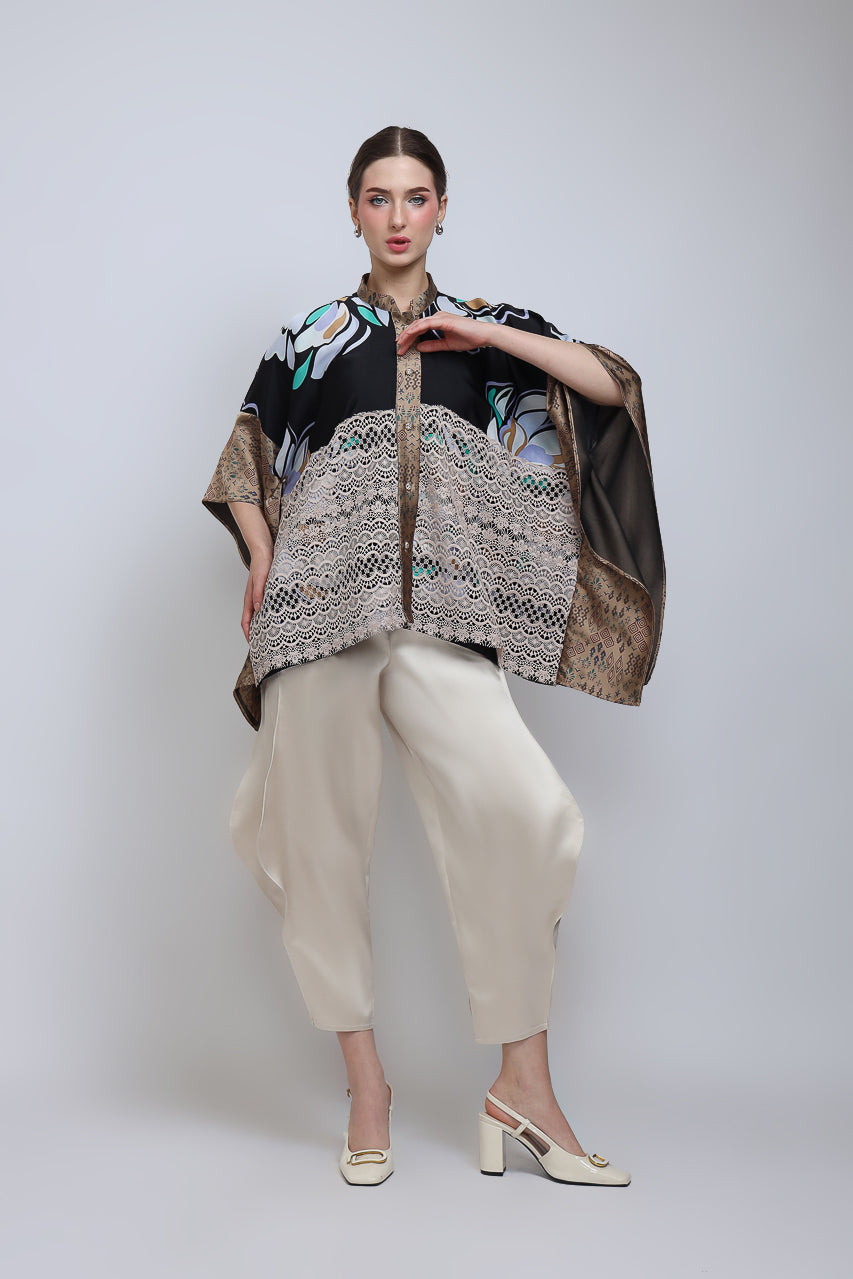 Bloom et Champs Top Lawar Brukat Kembang/Celana Doremi Krem