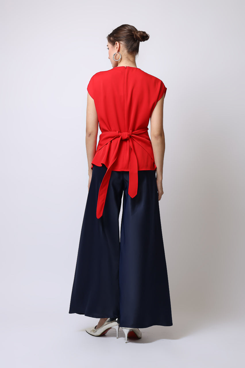 Bloom et Champs Top Knot Merah/Celana Saten Lebar Navy
