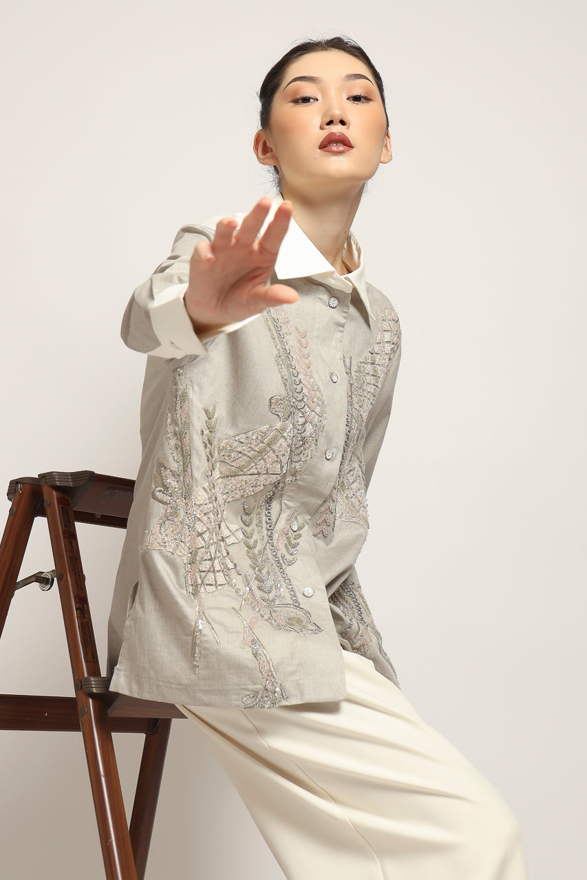 Bloom et Champs Grey Cotton Embellished Shirt