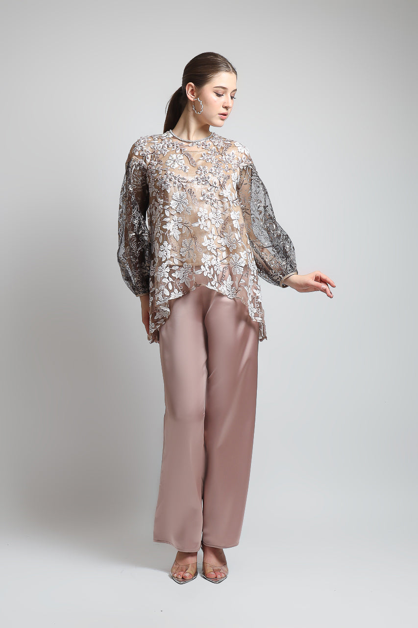 Bloom et Champs Top Maryam Beading/ Nude Elastic Saten Pants