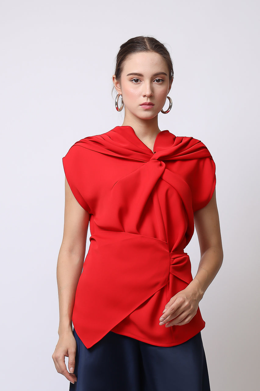 Bloom et Champs Top Knot Merah/Celana Saten Lebar Navy