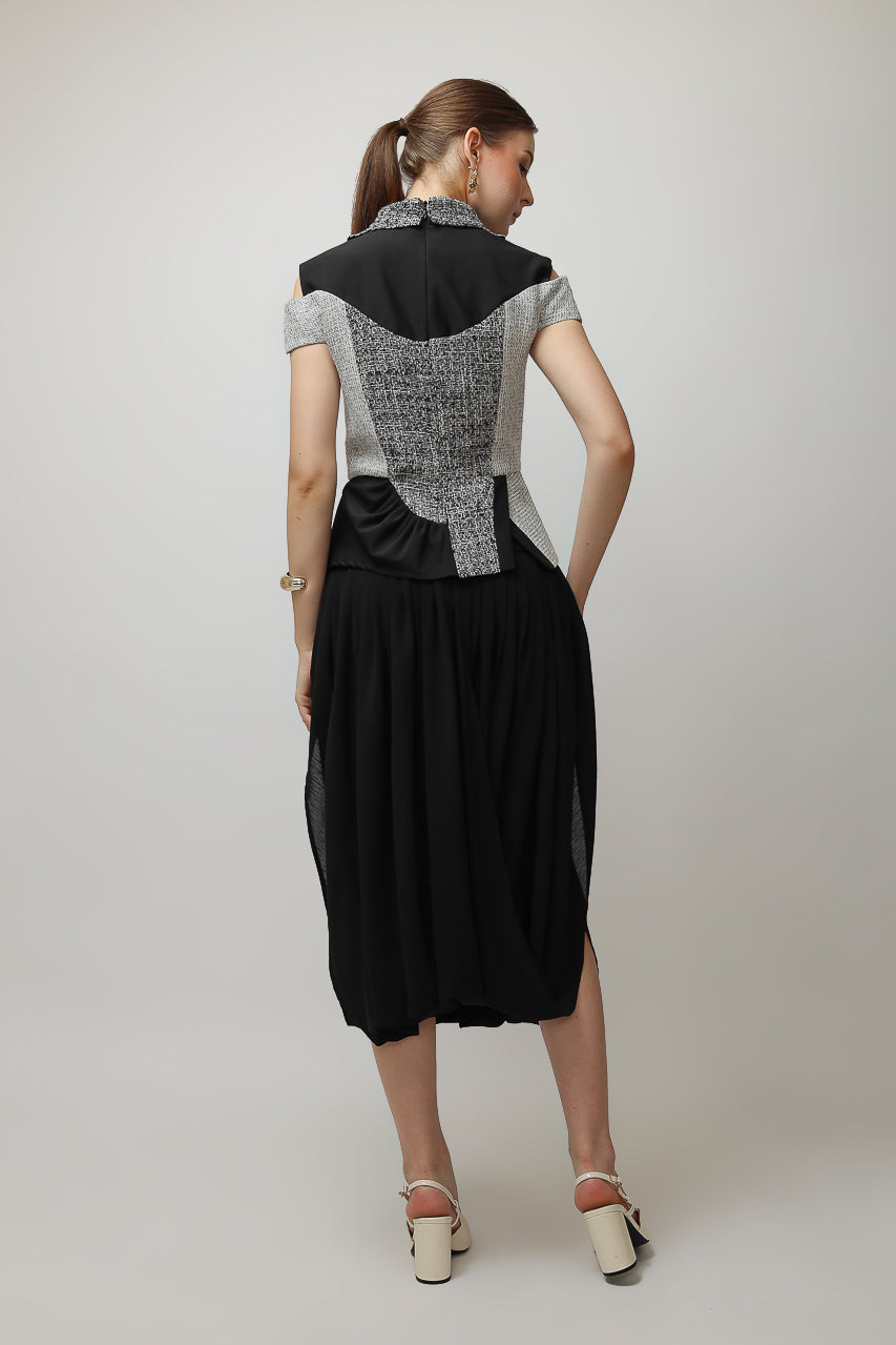 Bloom et Champs Tweed Monochrome Blouse/Chiffon Skirt