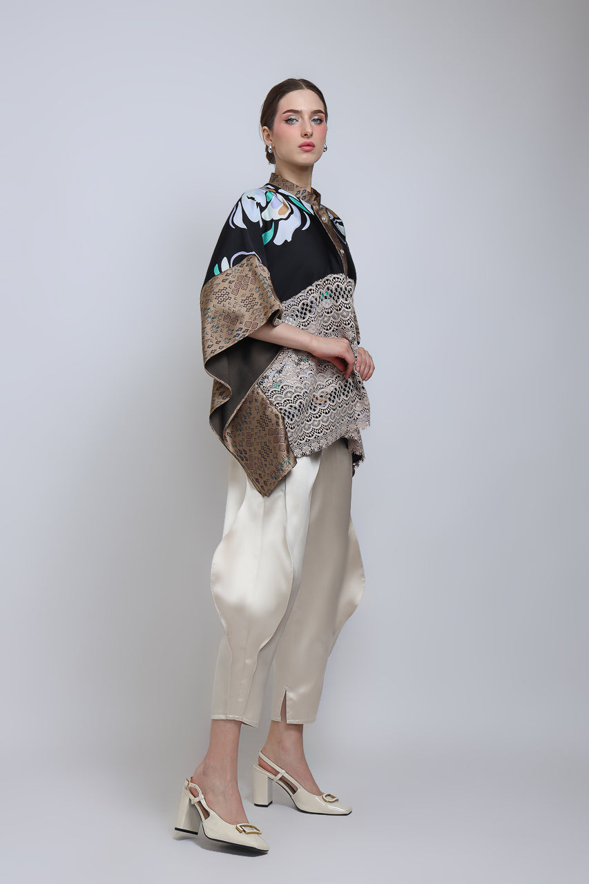 Bloom et Champs Top Lawar Brukat Kembang/Celana Doremi Krem