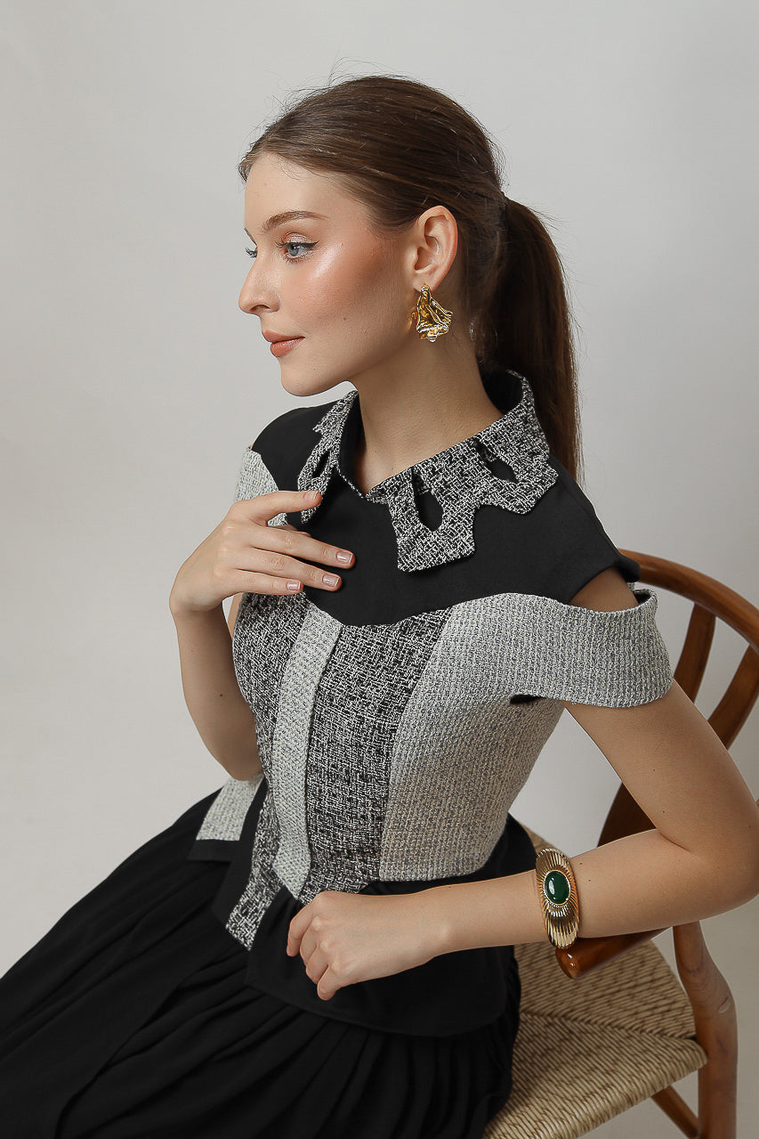 Bloom et Champs Tweed Monochrome Blouse/Chiffon Skirt