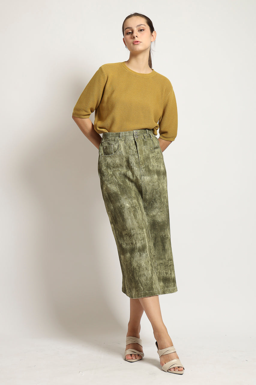 Bloom et Cotton Maxi Olive Denim Skirt/ Mustard Knit