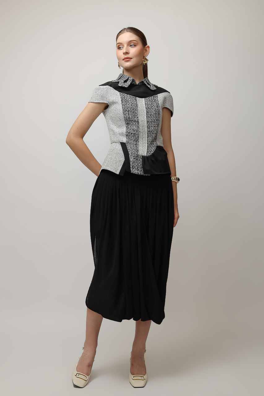 Bloom et Champs Tweed Monochrome Blouse/Chiffon Skirt