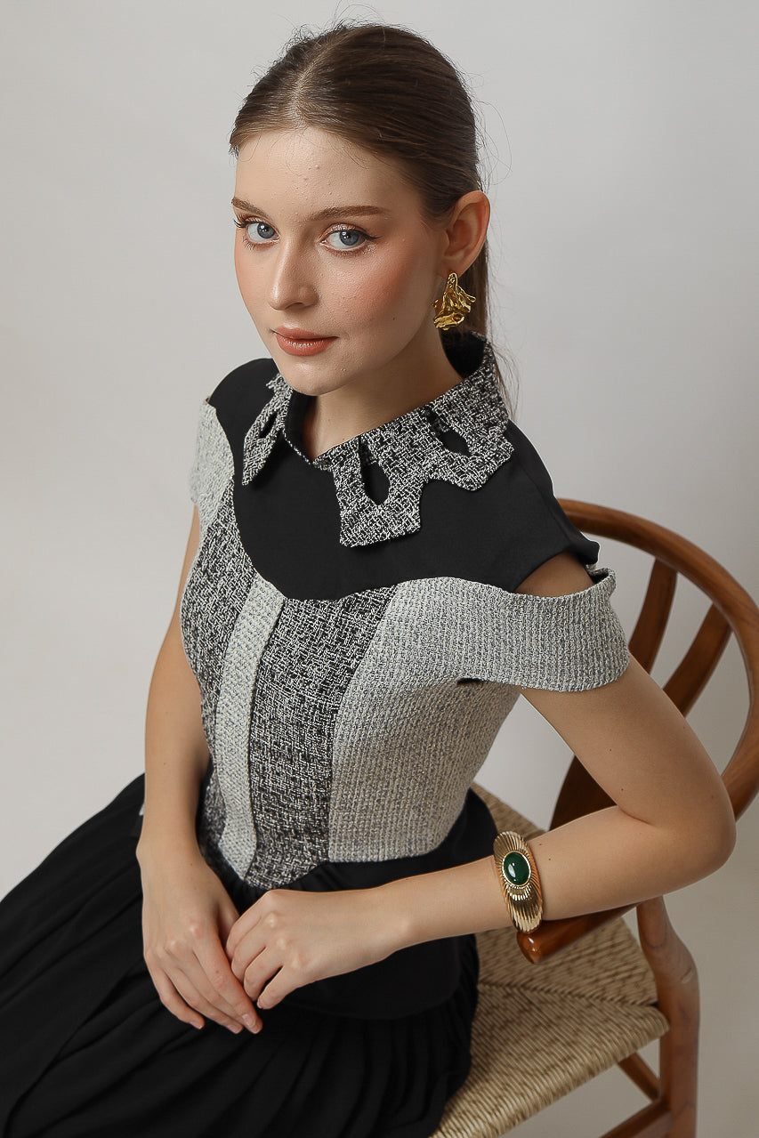 Bloom et Champs Tweed Monochrome Blouse/Chiffon Skirt