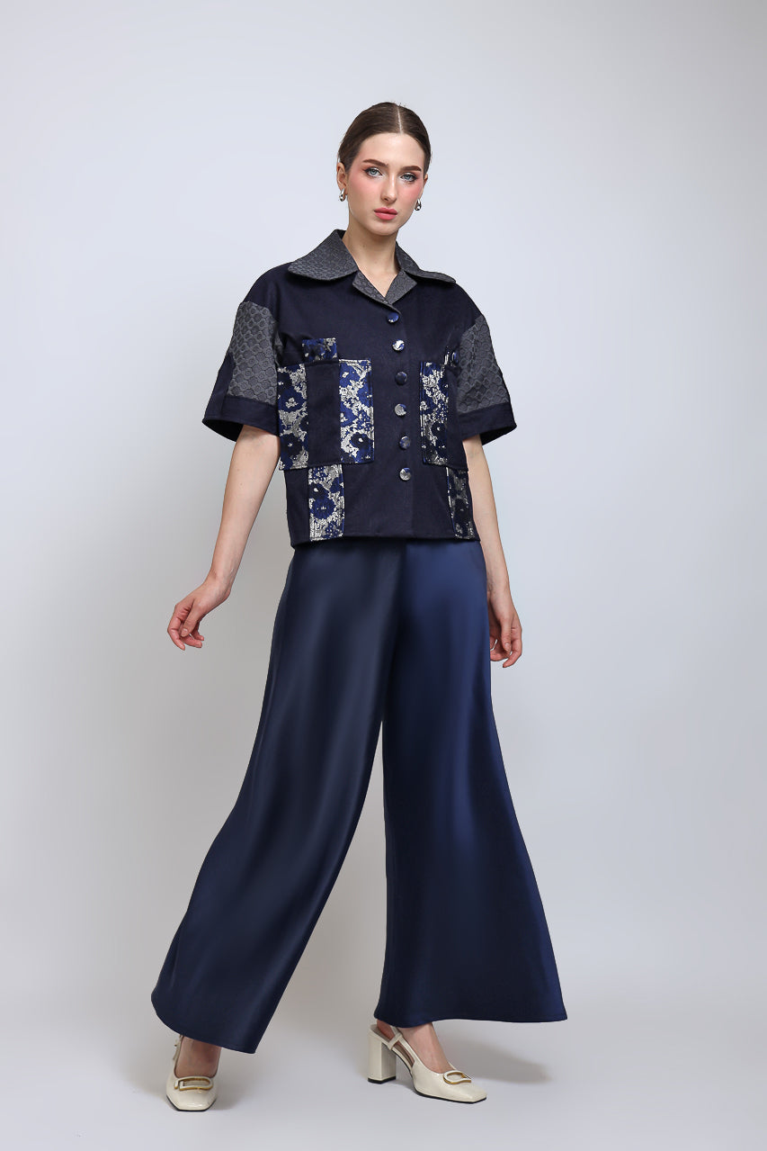 Kemeja Golden Navy/Flare Saten Navy Pants