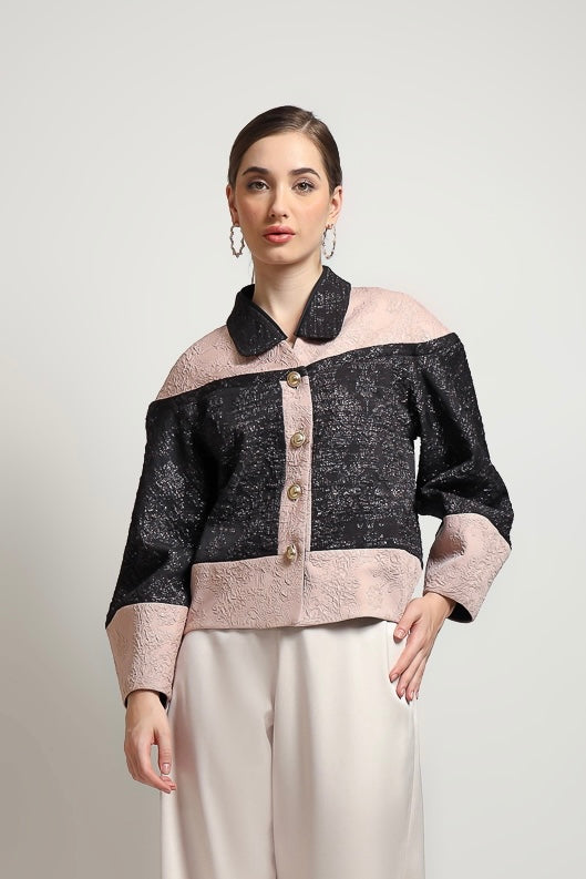 Bloom et Champs Collar Jacquard Blazer/ Elastic Saten Flare Pants