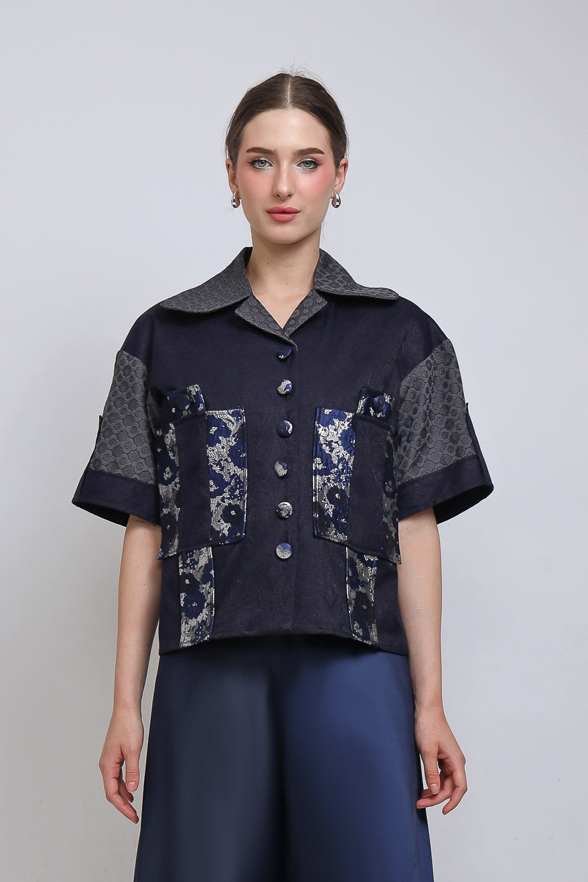 Kemeja Golden Navy/Flare Saten Navy Pants