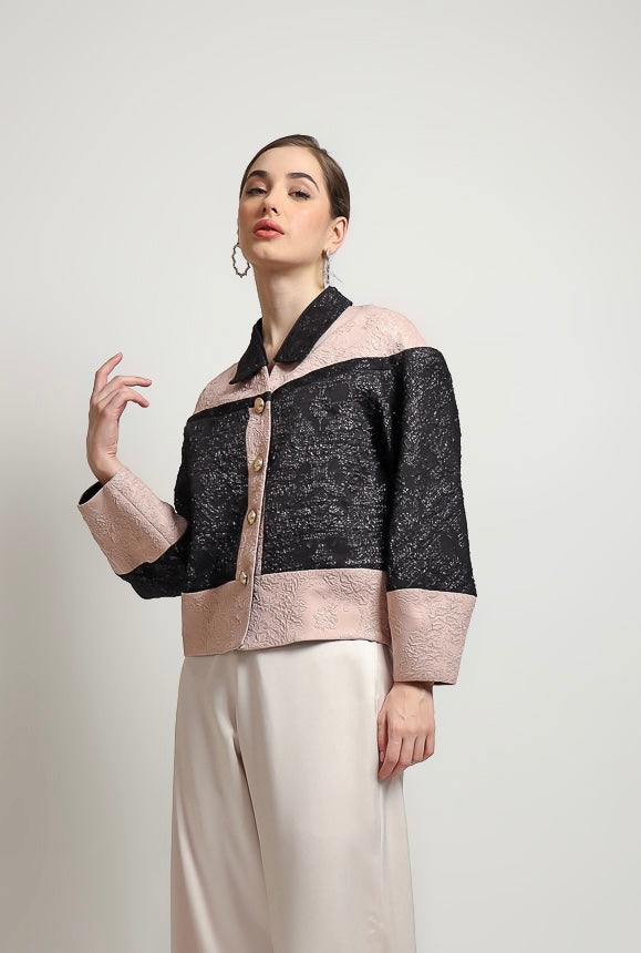 Bloom et Champs Collar Jacquard Blazer/ Elastic Saten Flare Pants