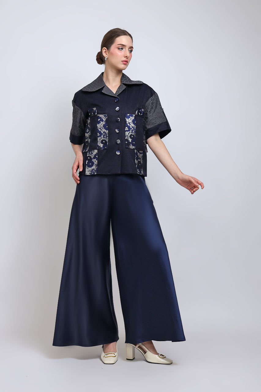 Kemeja Golden Navy/Flare Saten Navy Pants