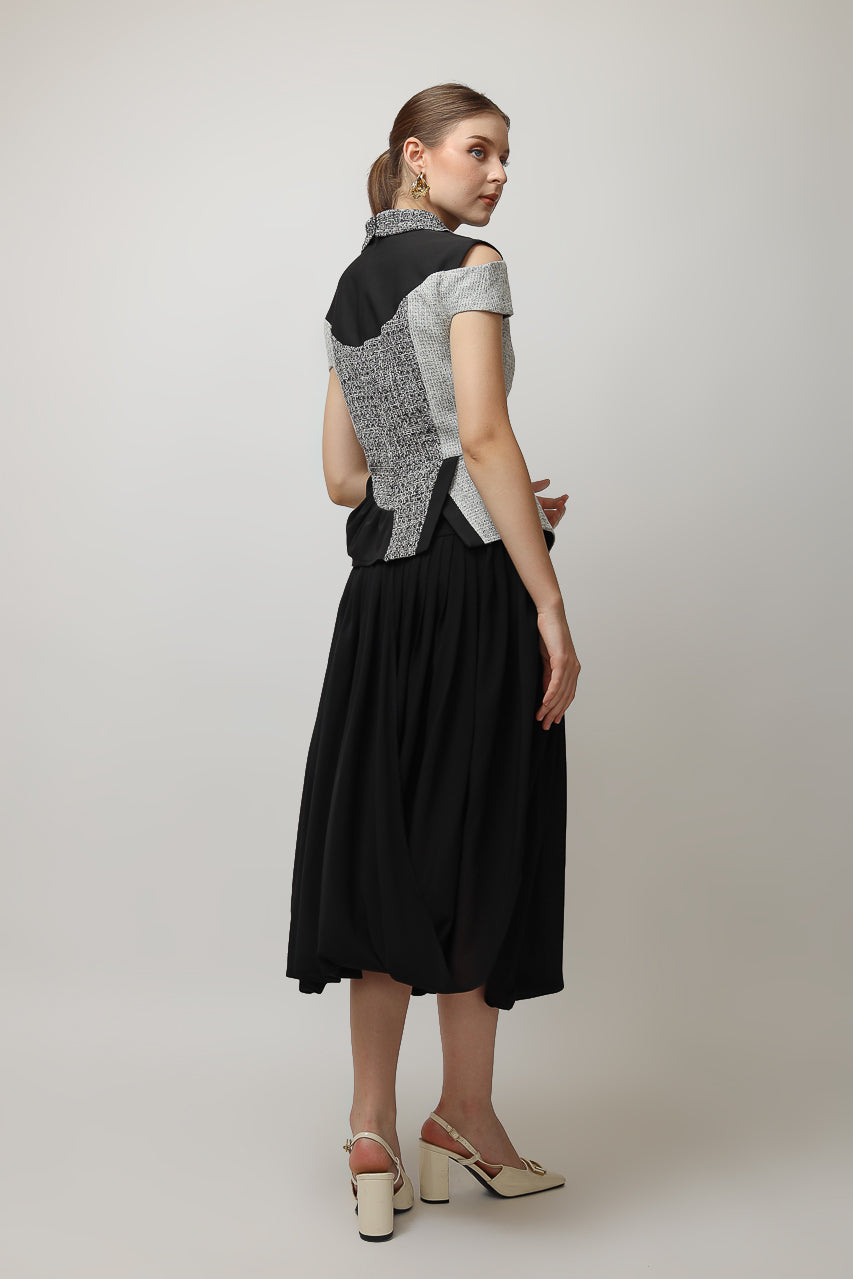 Bloom et Champs Tweed Monochrome Blouse/Chiffon Skirt