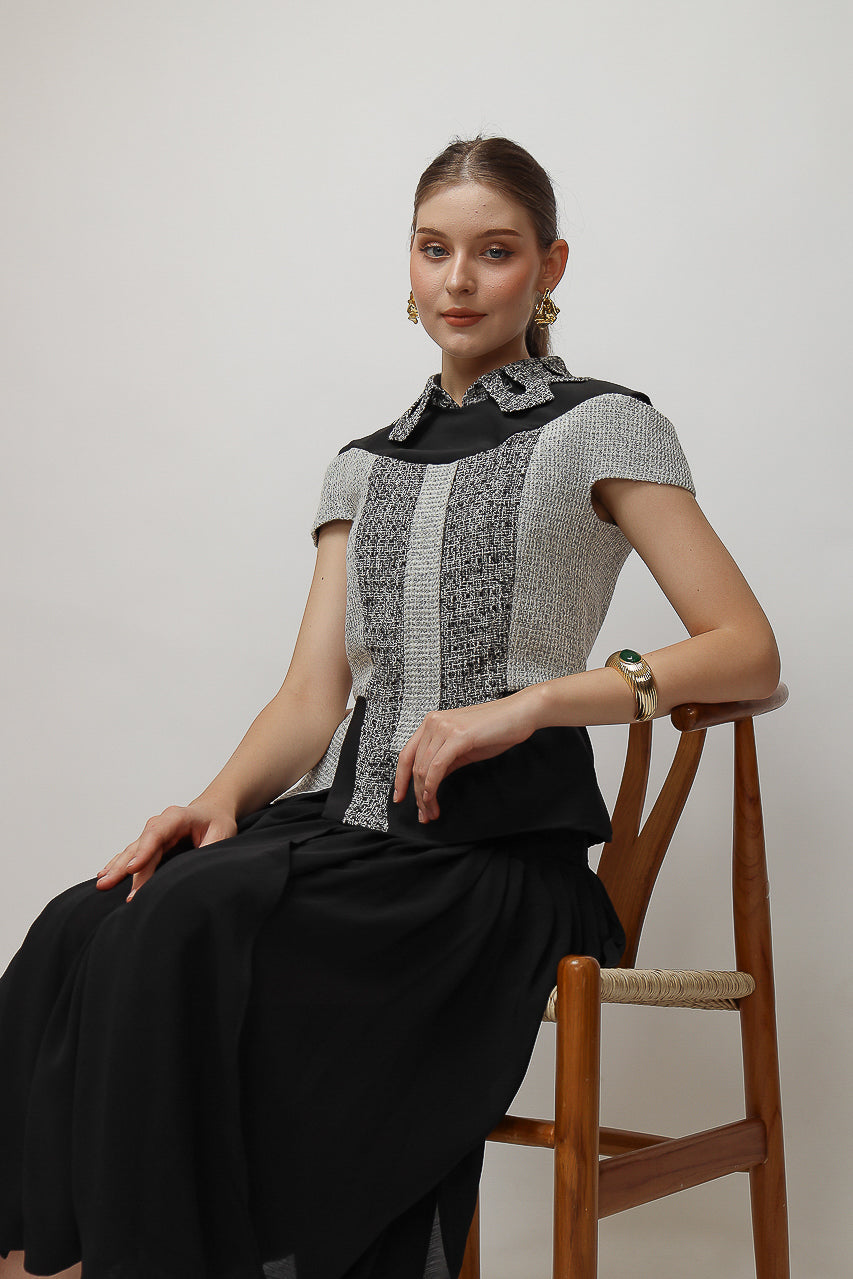 Bloom et Champs Tweed Monochrome Blouse/Chiffon Skirt