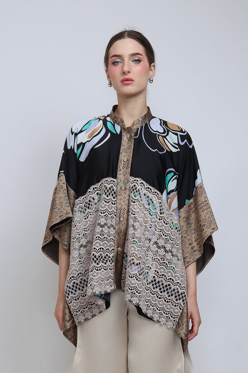 Bloom et Champs Top Lawar Brukat Kembang/Celana Doremi Krem