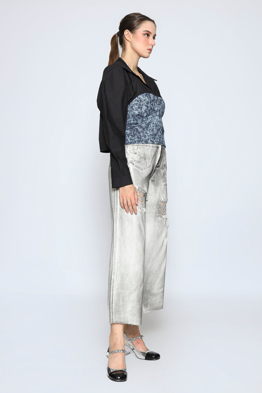 Bloom et Cotton Denim Print Top Black