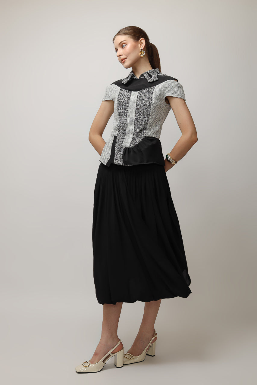 Bloom et Champs Tweed Monochrome Blouse/Chiffon Skirt