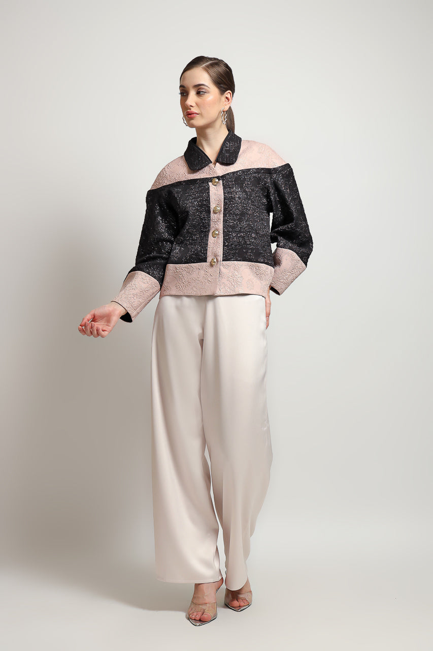 Bloom et Champs Collar Jacquard Blazer/ Elastic Saten Flare Pants