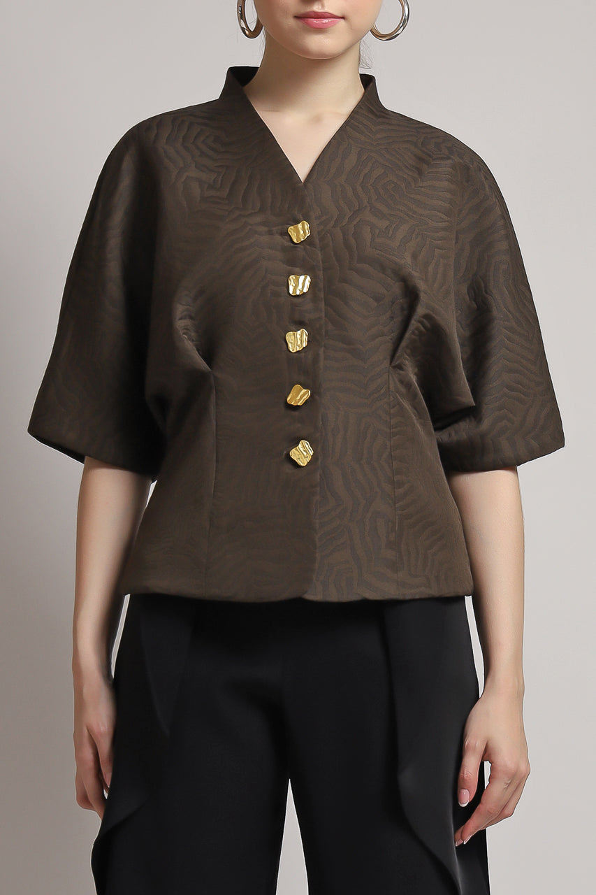 Bloom et Champs Caramel Blouse with Vintage Gold Buttons