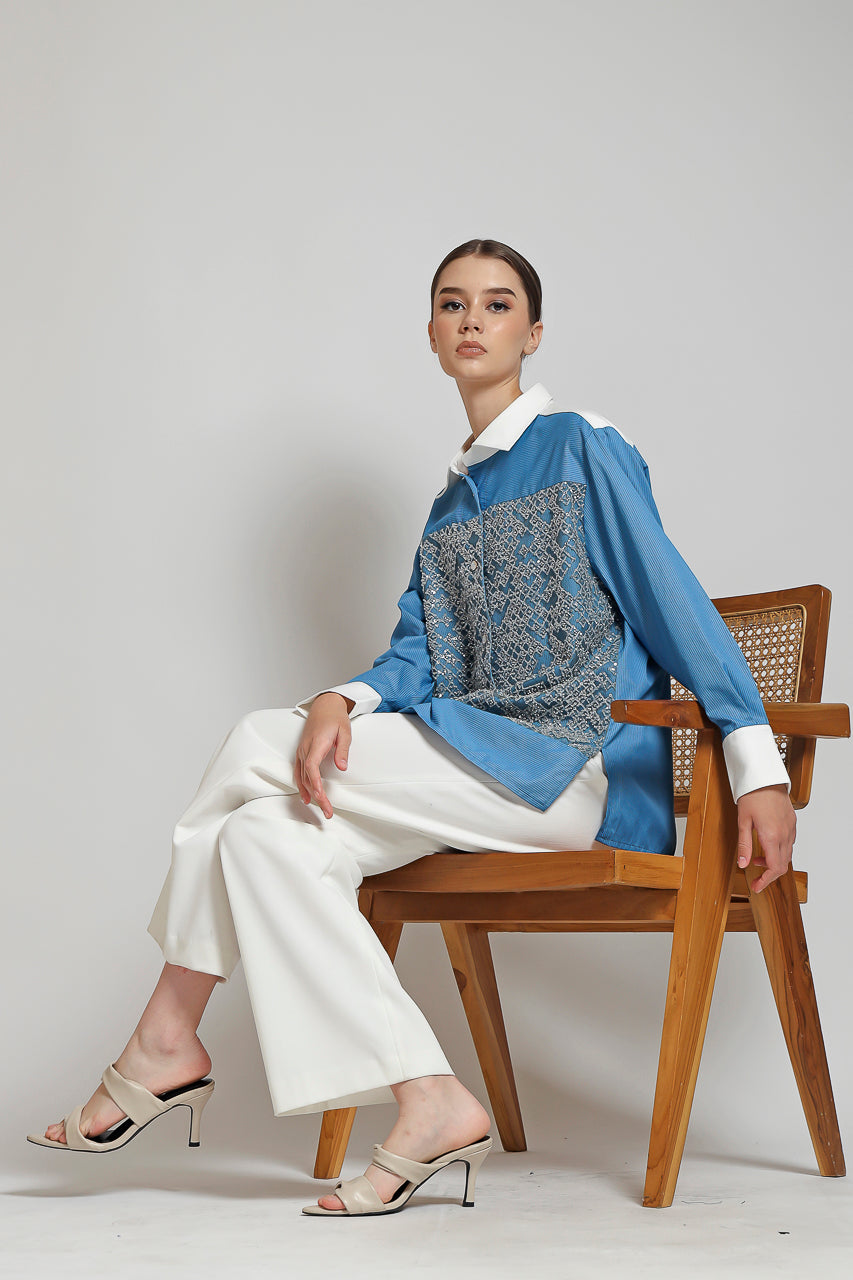 Bloom et Champs Kemeja Salur Biru Payet