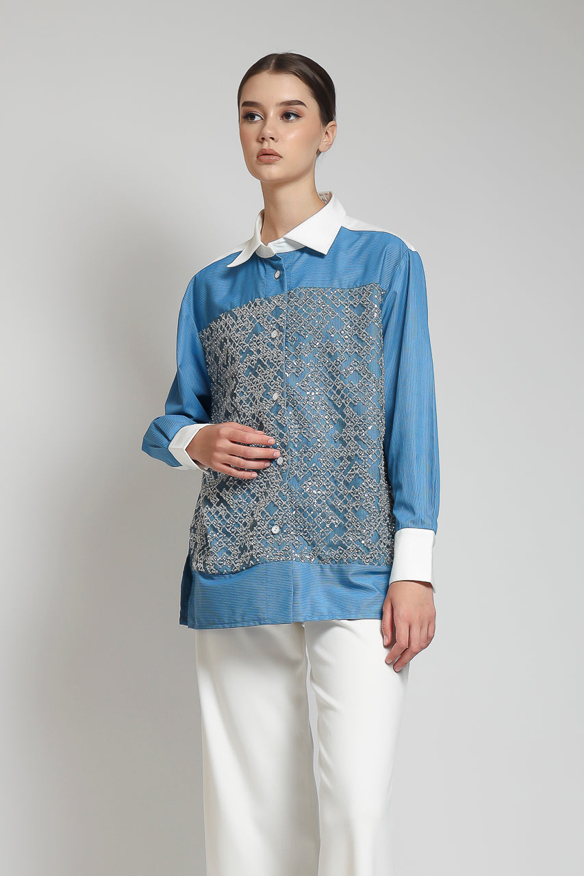 Bloom et Champs Kemeja Salur Biru Payet