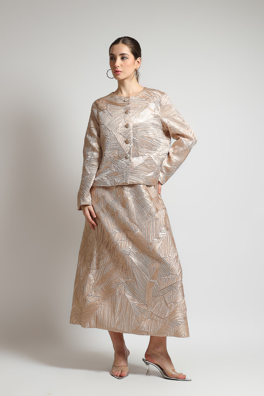 Bloom et Champs Set Pleats Embossed Blazer and Long Skirt