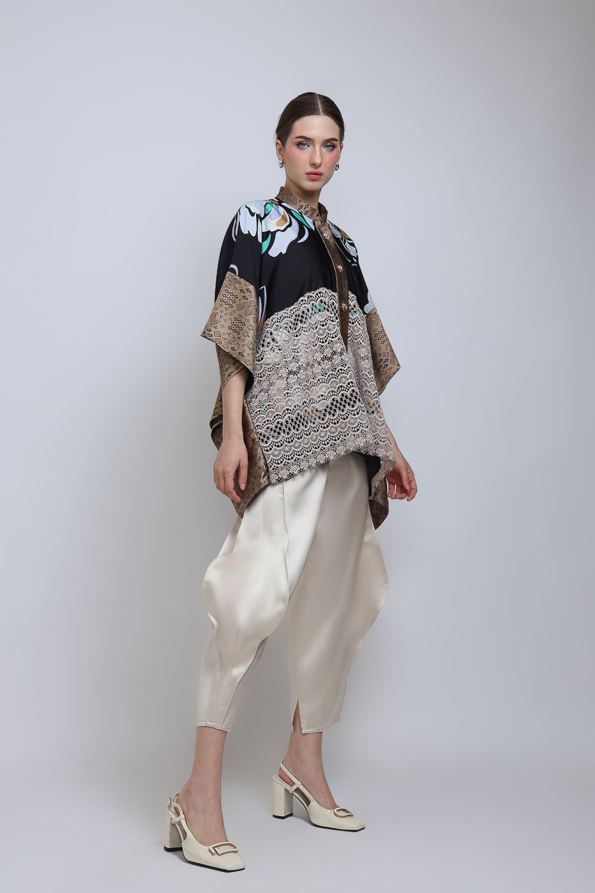 Bloom et Champs Top Lawar Brukat Kembang/Celana Doremi Krem