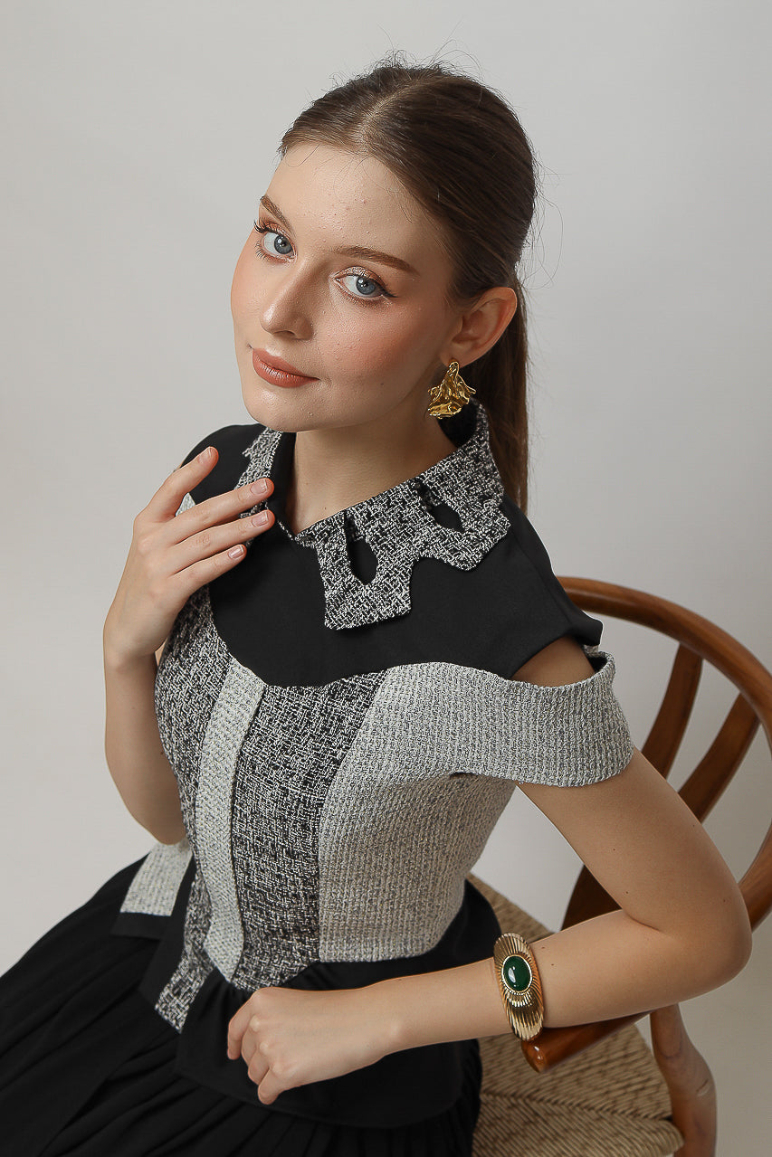 Bloom et Champs Tweed Monochrome Blouse/Chiffon Skirt