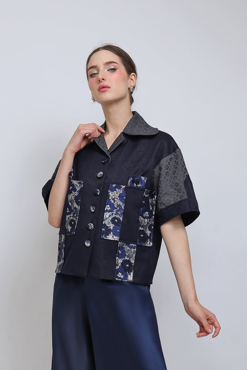 Kemeja Golden Navy/Flare Saten Navy Pants