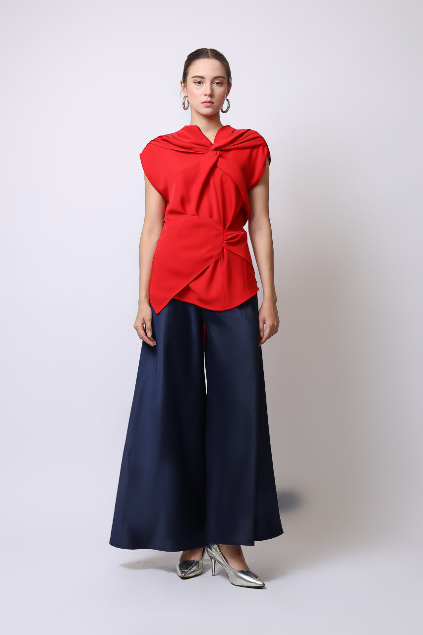 Bloom et Champs Top Knot Merah/Celana Saten Lebar Navy