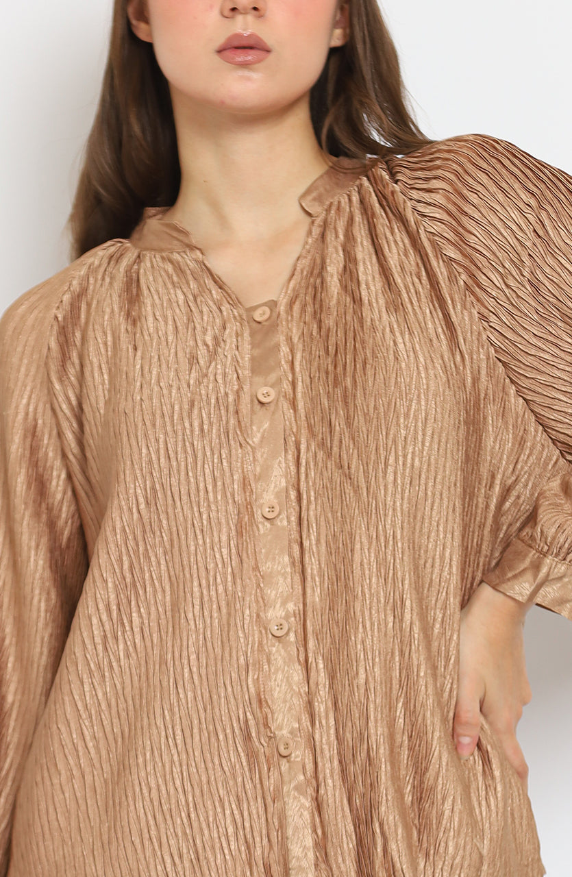 Bloom Pleats Caramel Button Blouse/Stretch Saten Skirt