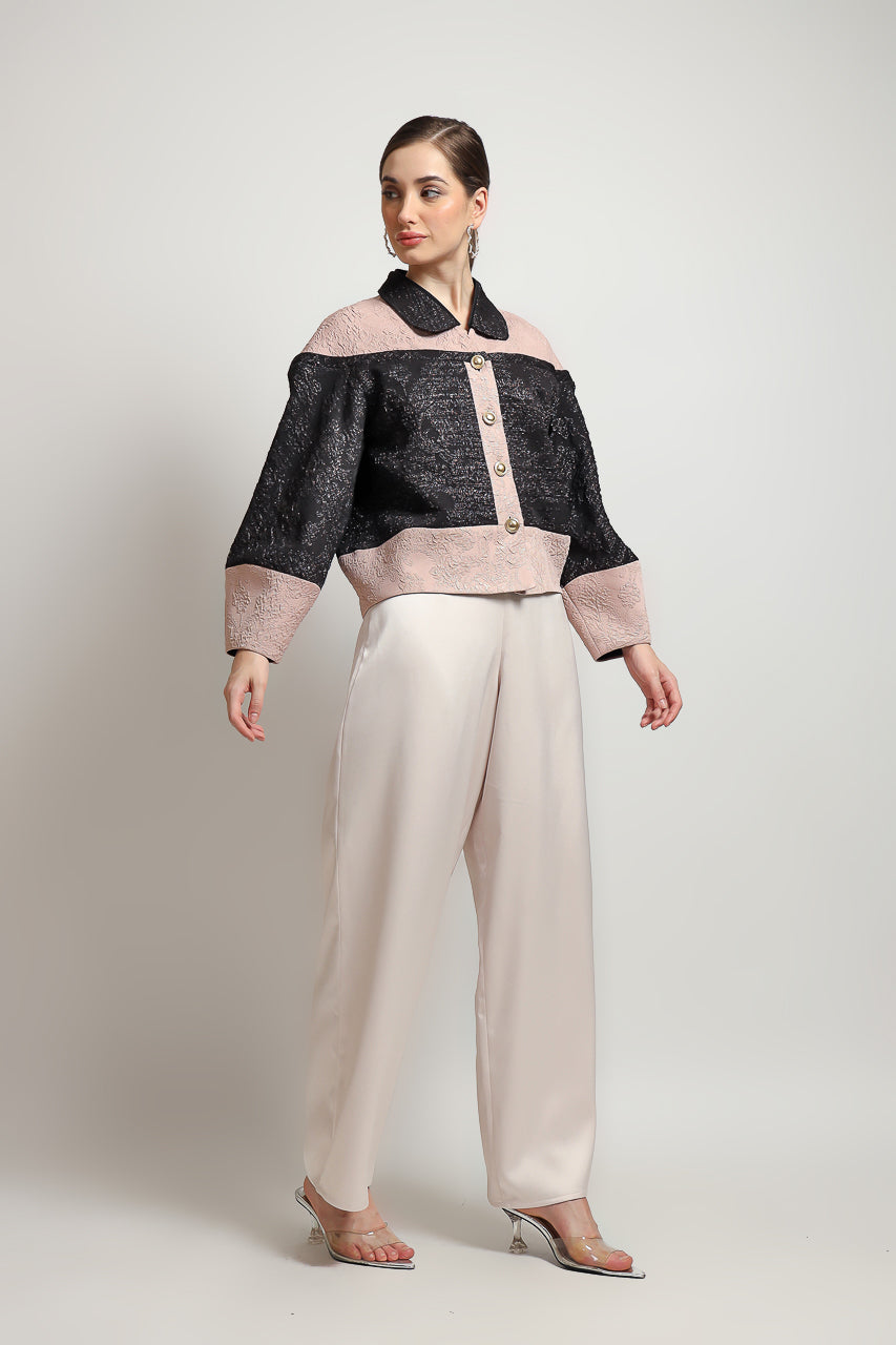 Bloom et Champs Collar Jacquard Blazer/ Elastic Saten Flare Pants