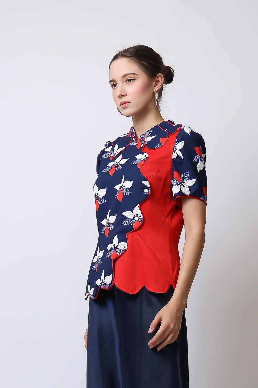 Bloom et Champs Sakura Scalloped Blouse/ Flare Saten Pants in Navy