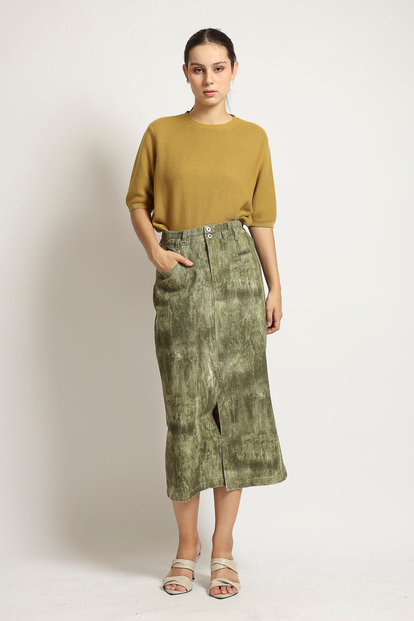 Bloom et Cotton Maxi Olive Denim Skirt/ Mustard Knit
