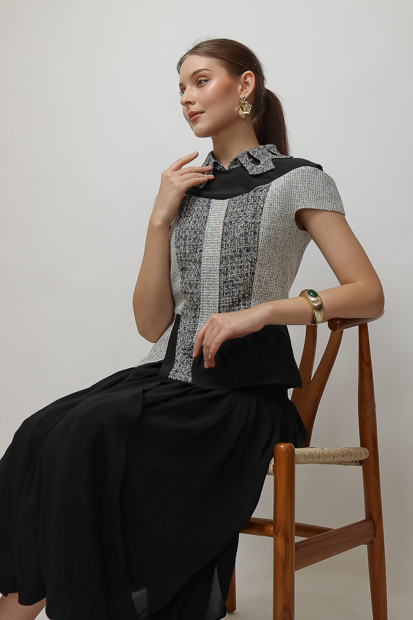 Bloom et Champs Tweed Monochrome Blouse/Chiffon Skirt