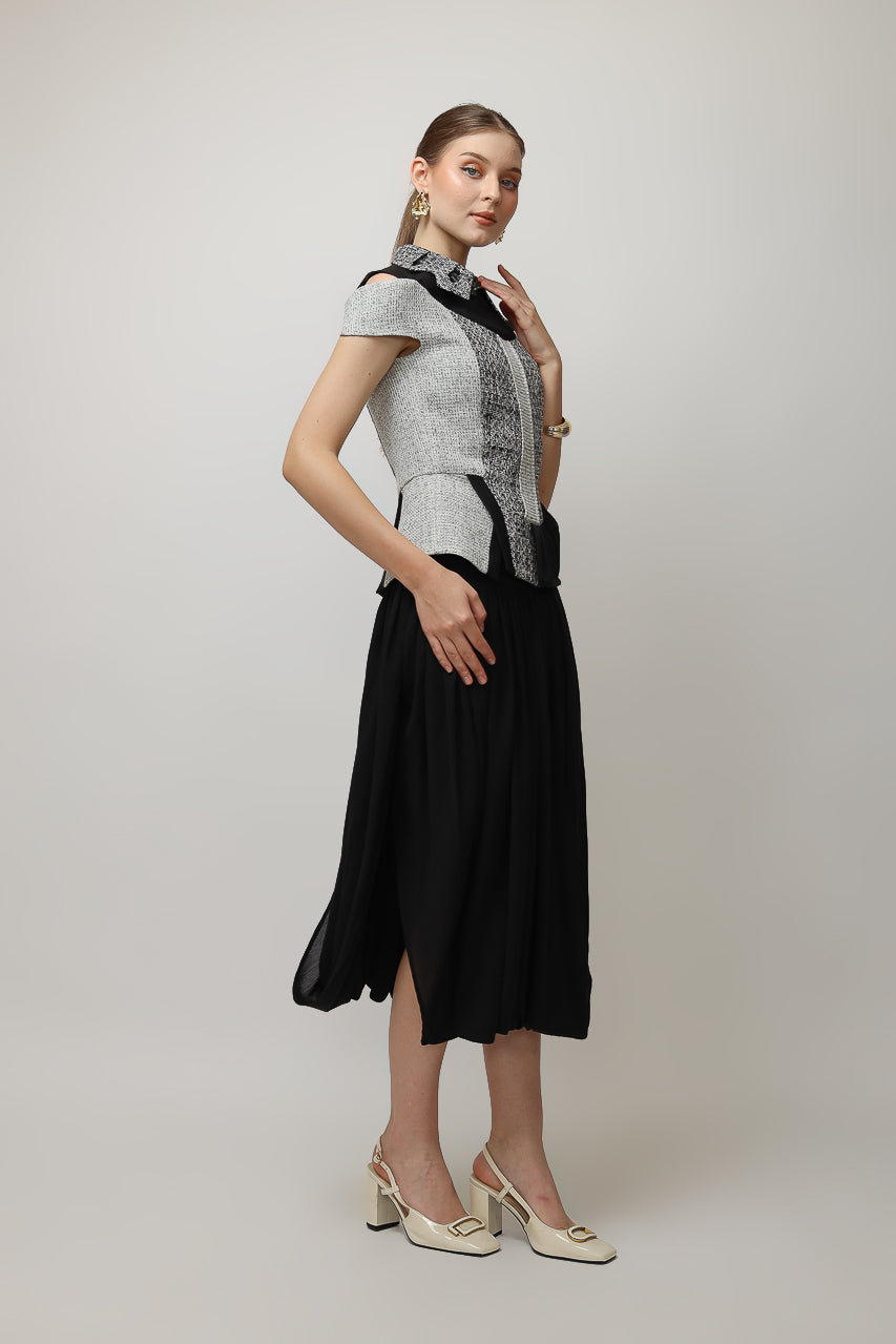 Bloom et Champs Tweed Monochrome Blouse/Chiffon Skirt