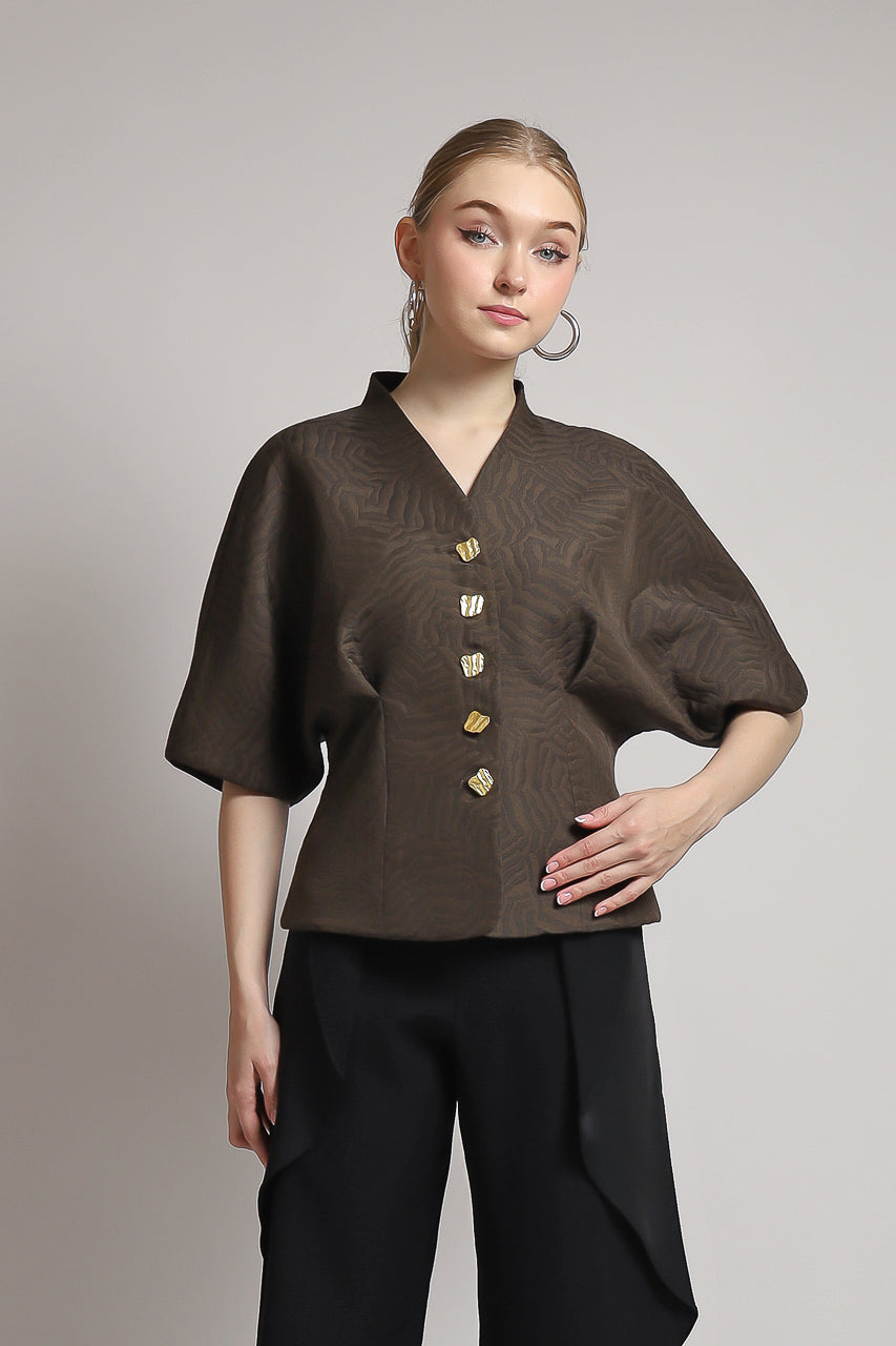 Bloom et Champs Caramel Blouse with Vintage Gold Buttons