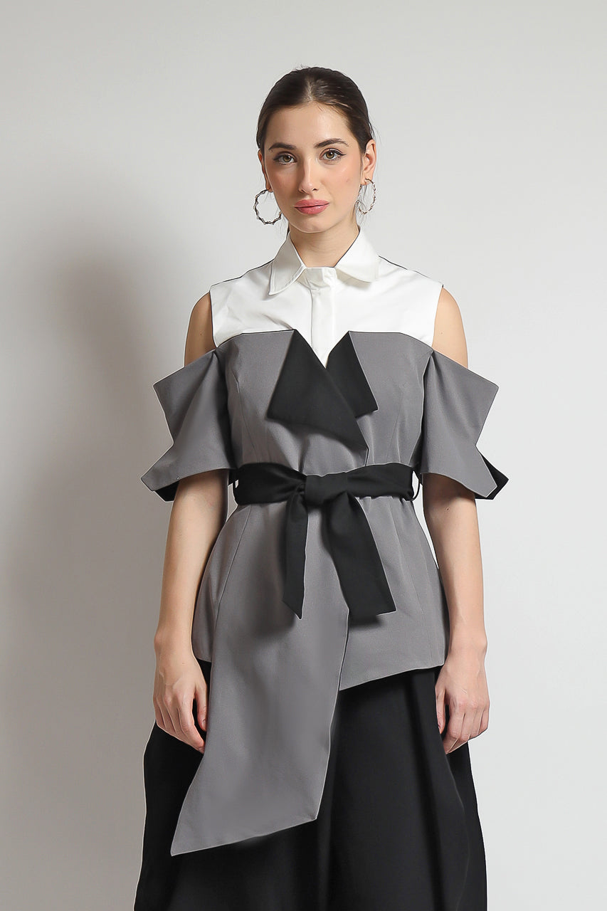 Bloom et Champs Top Tangan Pisah Abu/Bloom Celana Kewer Hitam