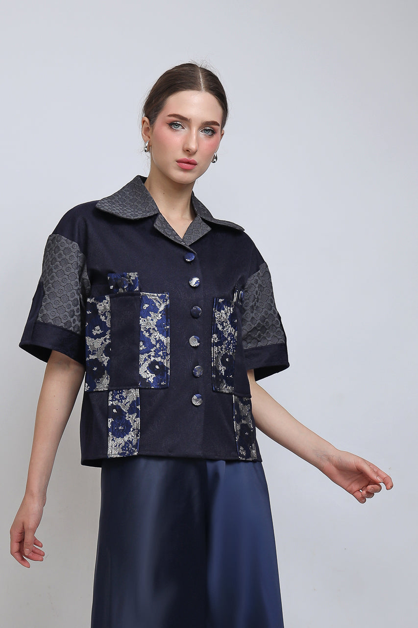 Kemeja Golden Navy/Flare Saten Navy Pants